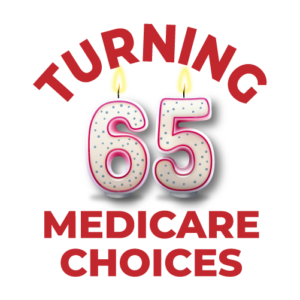 Turning 65 Medicare logo, text with birthday candles.