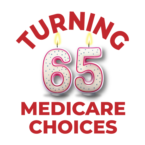 Turning 65 Medicare logo, text with birthday candles.